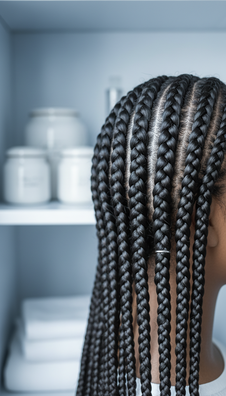Close-up large jumbo feed-in cornrows on medium hair, sleek straight lines, glossy texture, silver hair cuff. Monochromatic blues, whites.