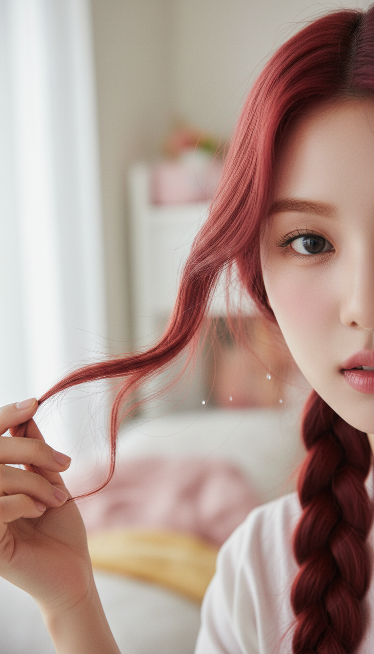 Close-up of Winter Aespa's vibrant red hair: delicate, curled face-framing tendrils against a subtle braid.