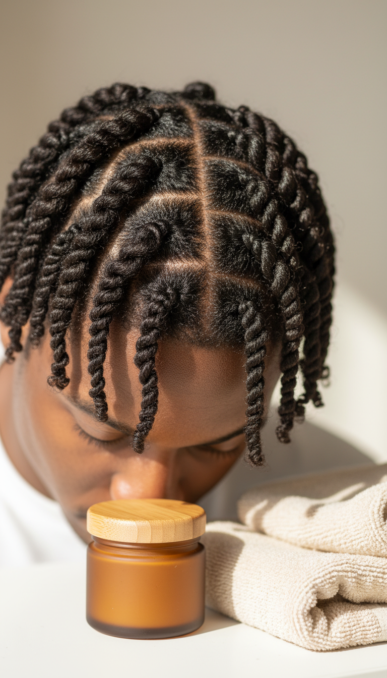 Close-up of a Black man's neat, defined two-strand twists, highlighting natural texture and moisturized men's protective styling.