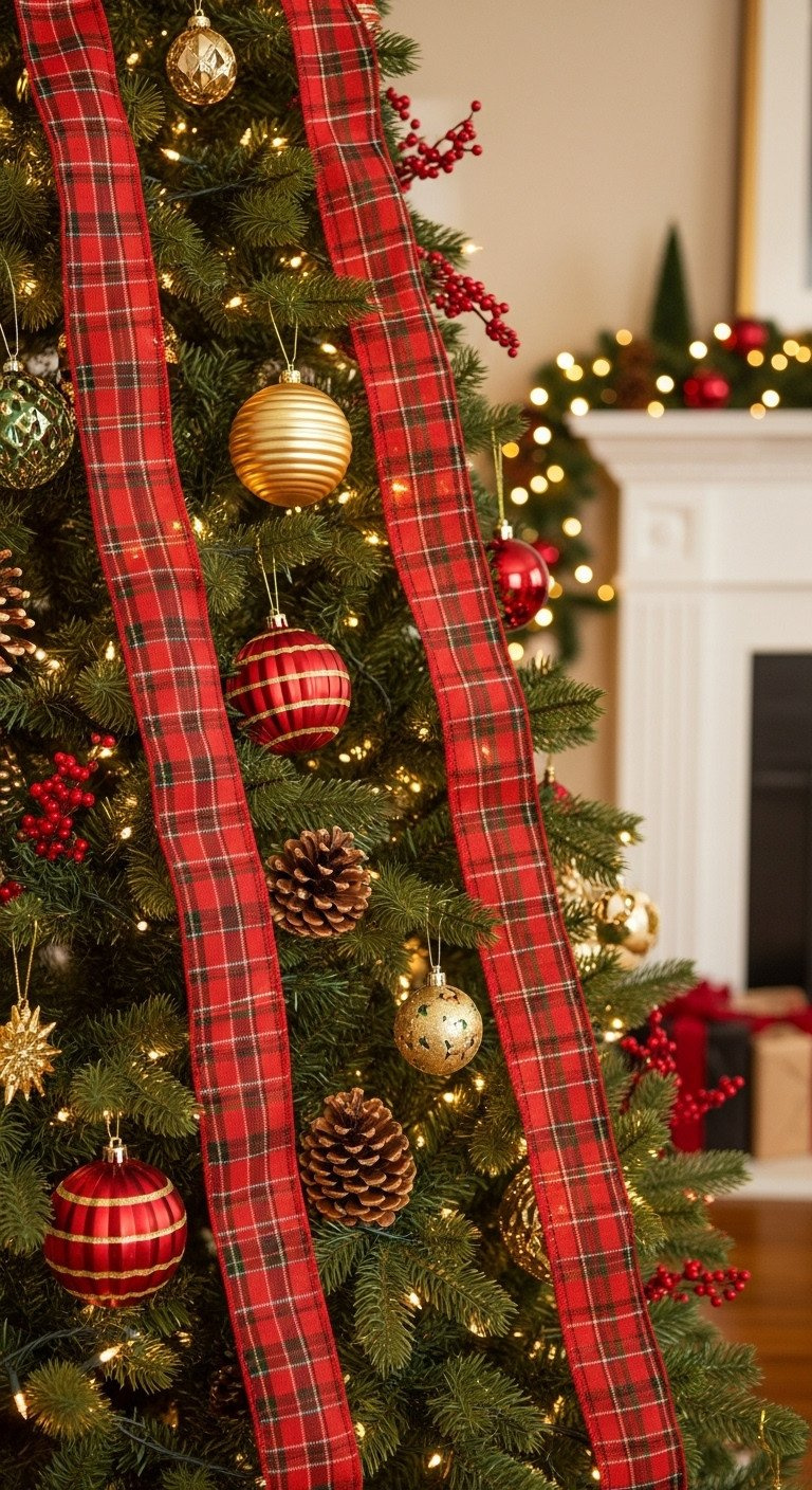 Close-up of a Christmas tree decorated with wide, red and green plaid ribbon cascading vertically in a beautiful waterfall effect.