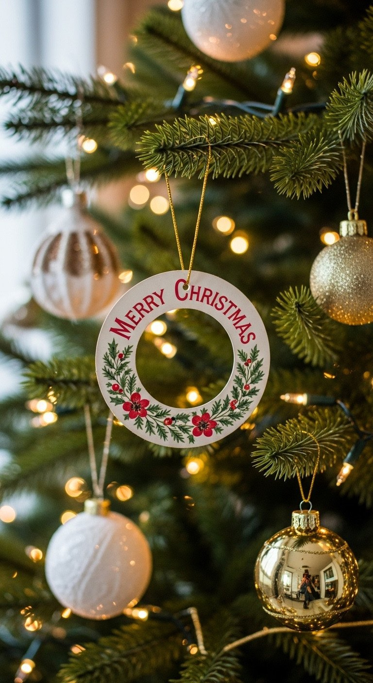 Close-up of a DIY Christmas ornament made from a recycled card hanging on a pine branch with soft, twinkling lights.