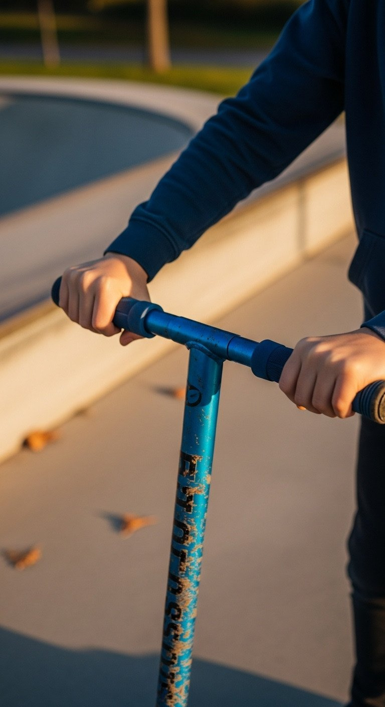 Close-up of a boy's hands gripping the handlebars of a dirt-splattered blue stunt scooter in a skate park at sunset.