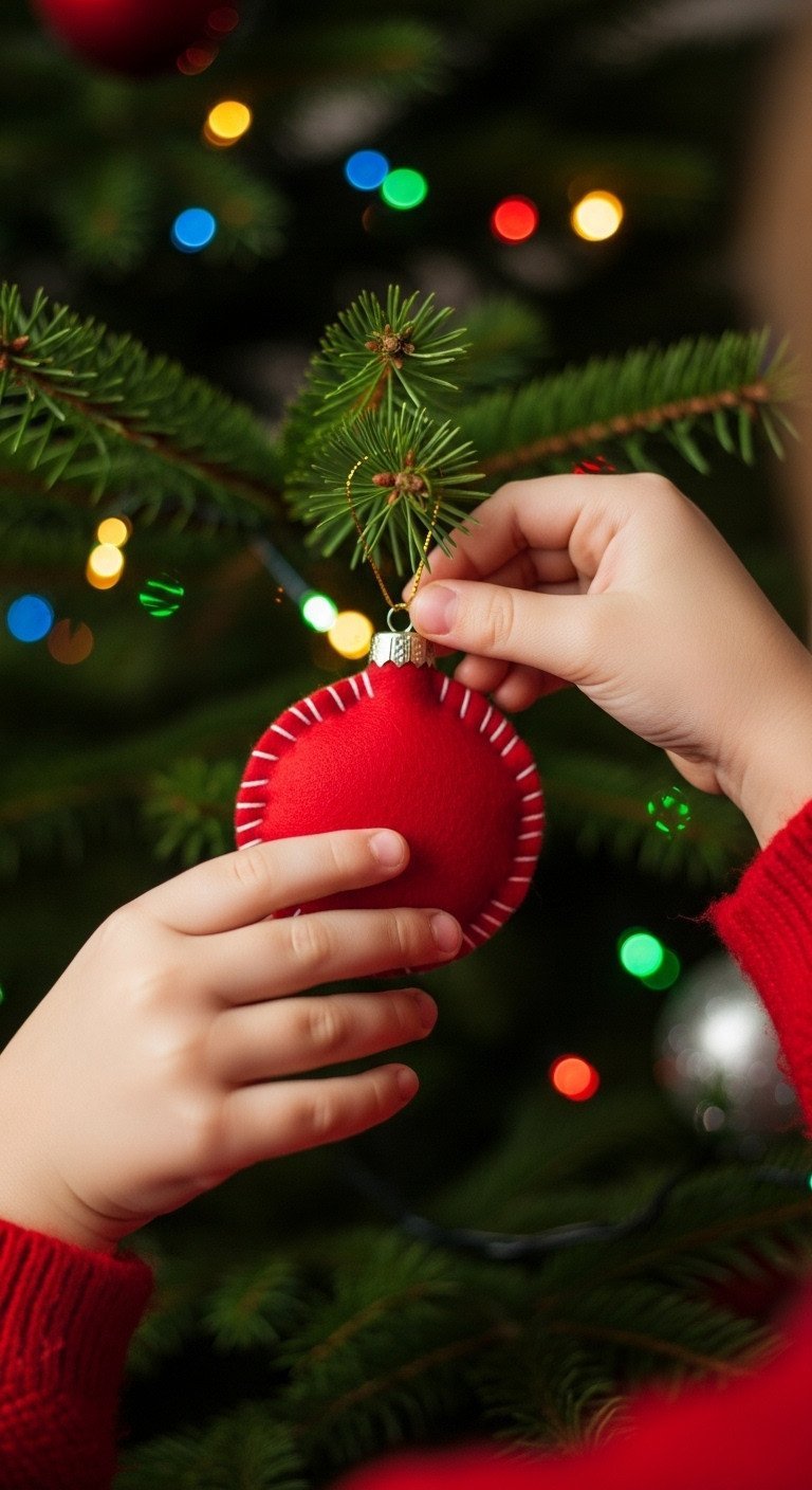 Close-up of a child's small hands carefully placing a handmade ornament on a Christmas tree branch with soft bokeh lights.
