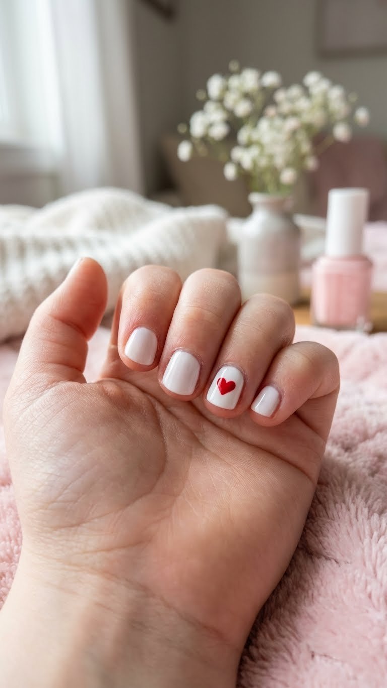 Close-up of a child's white painted fingernail with a tiny red heart design on a pink blanket, perfect for Valentine's Day kids nail art.