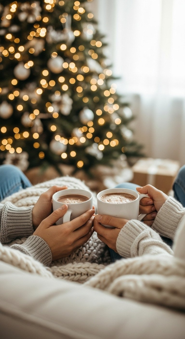 Close-up of a couple's hands holding hot chocolate mugs, wrapped in a knit blanket, with soft Christmas tree lights behind.