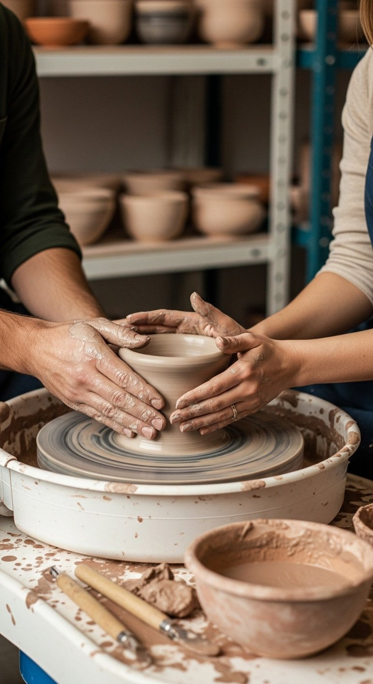 Close-up of a couple's hands shaping a wet clay pot together on a spinning pottery wheel in a rustic art studio.
