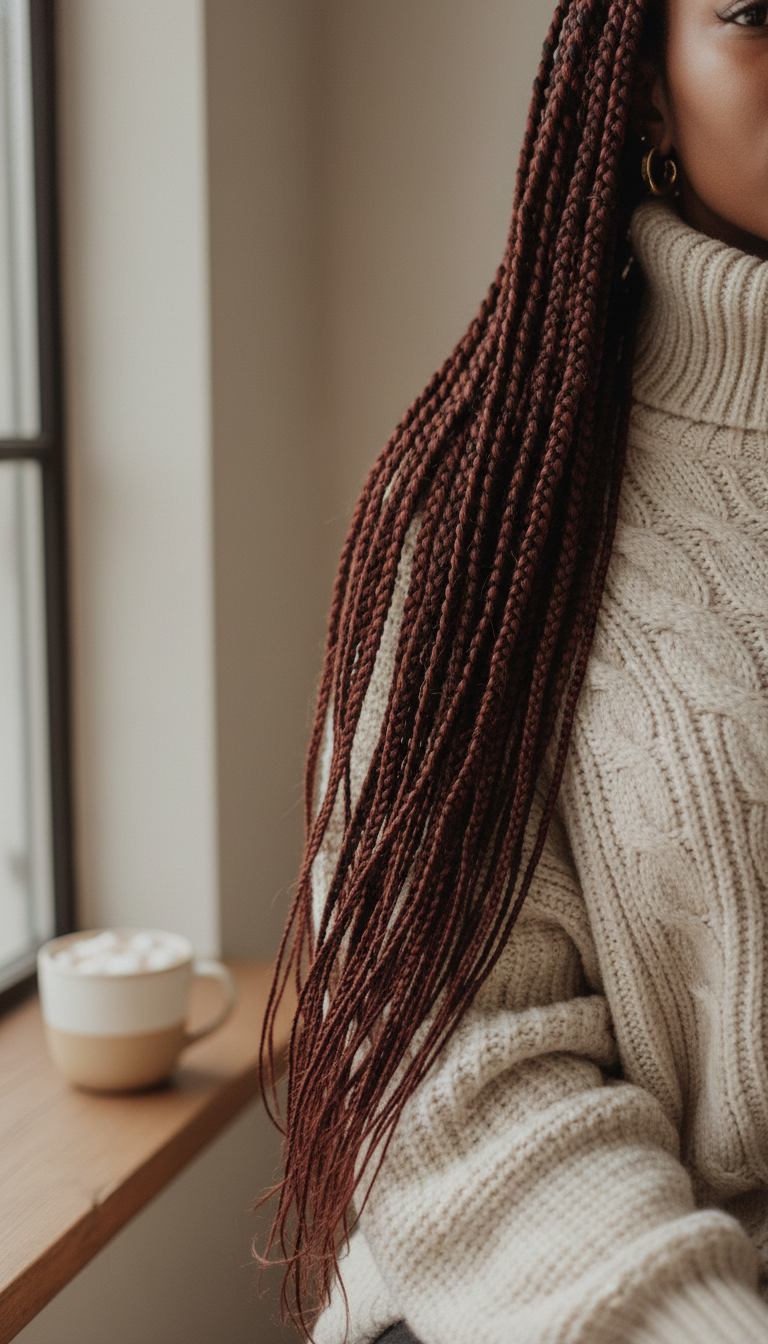 Close-up of a cozy winter fashion scene: beige chunky knit turtleneck sweater, voluminous auburn goddess braids, gold hoop earrings, and a warm mug.