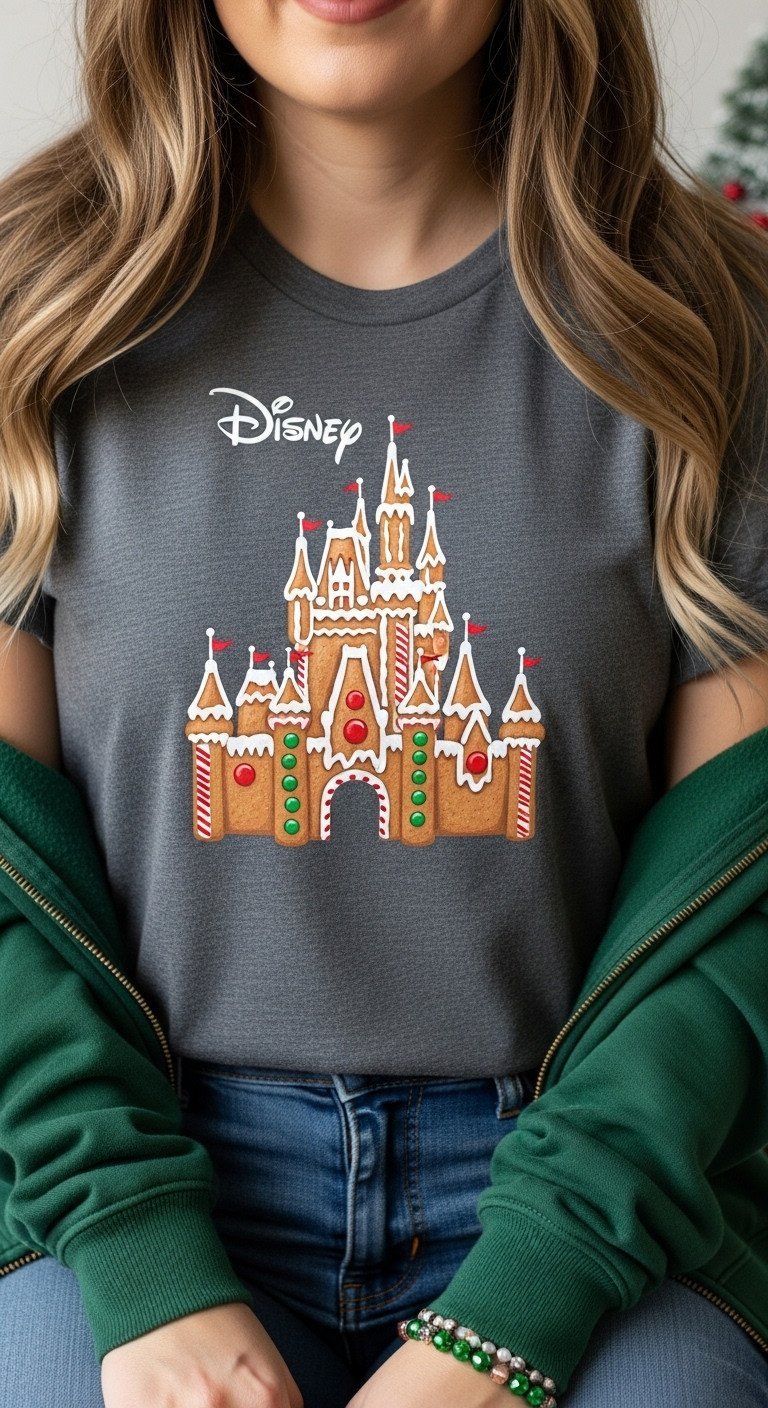 Close-up of a custom Disney Christmas t-shirt with a gingerbread Cinderella Castle design made of red and green gumdrops.