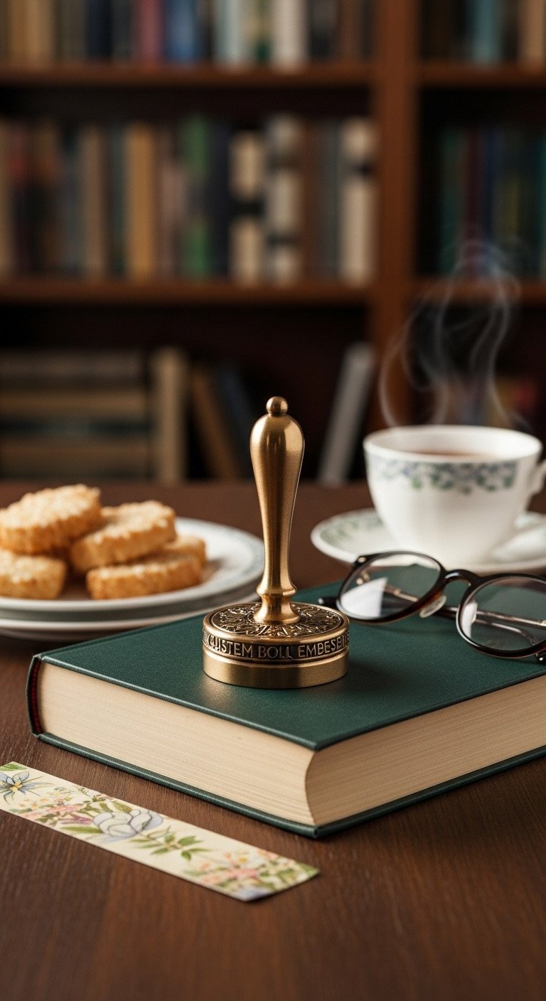 Close-up of a custom book embosser on a hardcover book with reading glasses and tea in a cozy, dark wood library.