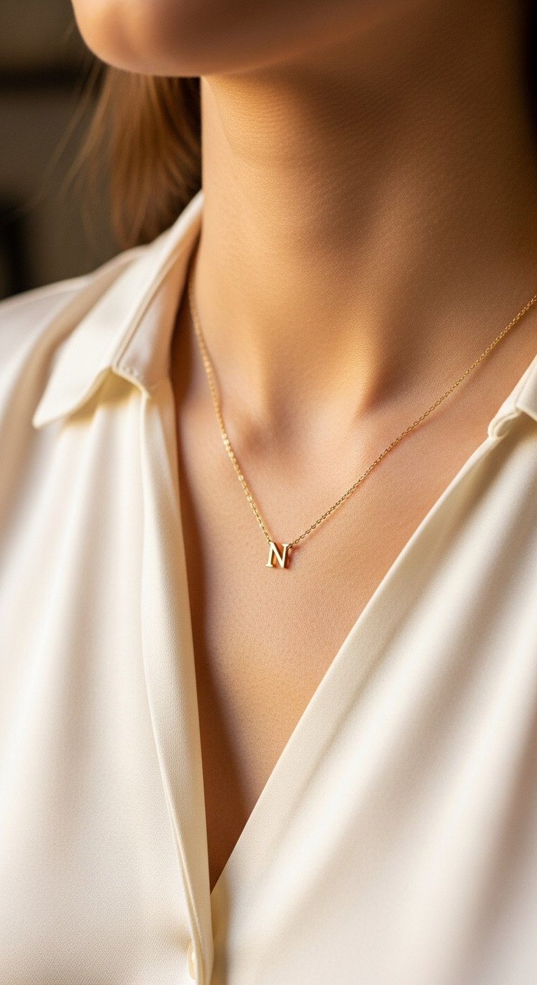Close-up of a delicate gold initial necklace resting on a woman's collarbone, paired with an elegant cream silk blouse.