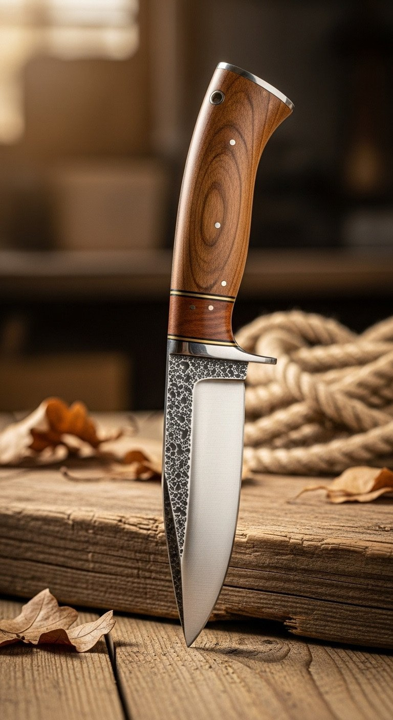 Close-up of a fixed-blade hunting knife with a rustic wood handle and polished steel blade on weathered barn wood.