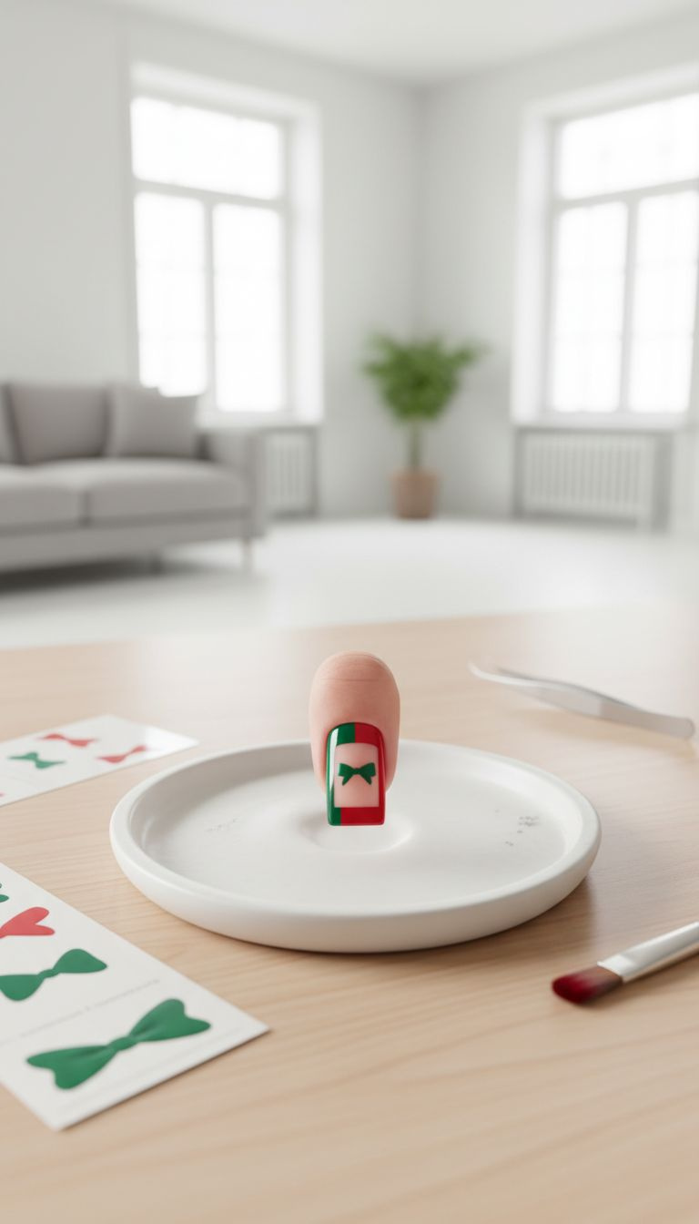 Close-up of a geometric negative space bow on a square nail, surrounded by vibrant red and emerald green polish blocks.