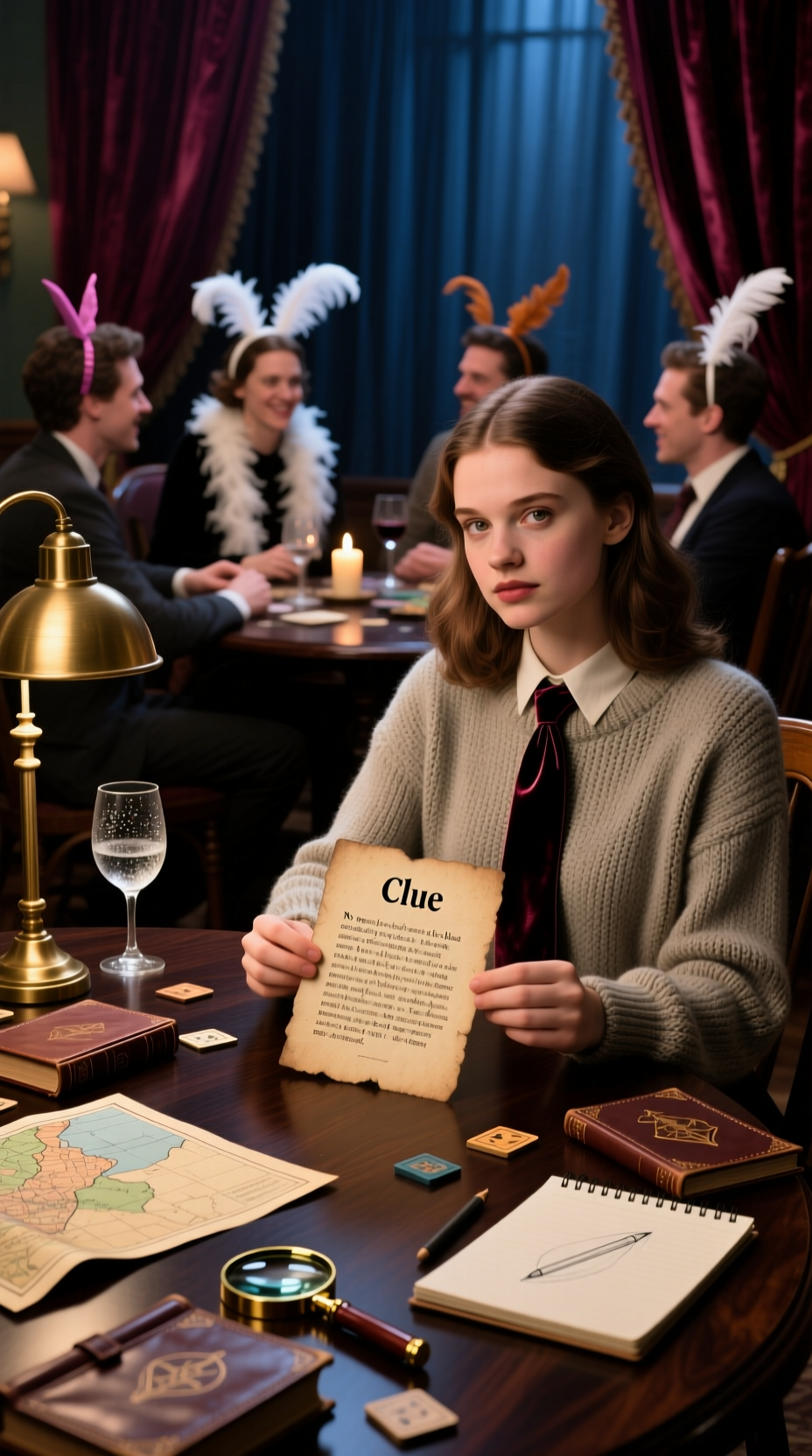 Close-up of a hand holding a vintage clue card during a murder mystery game night, with wine glasses on the table.