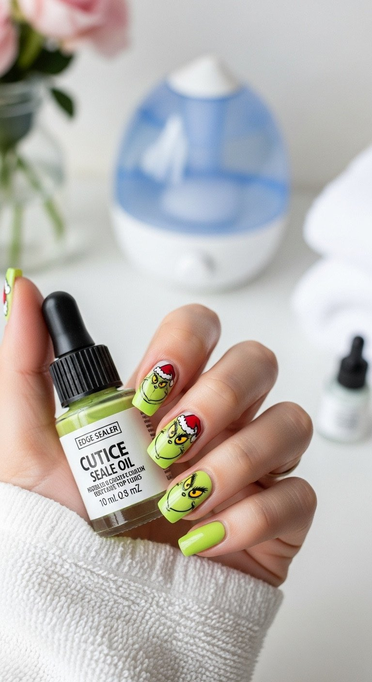 Close-up of a long-lasting, chip-free Grinch manicure with intact character art and high shine. Hand holds cuticle oil bottle.