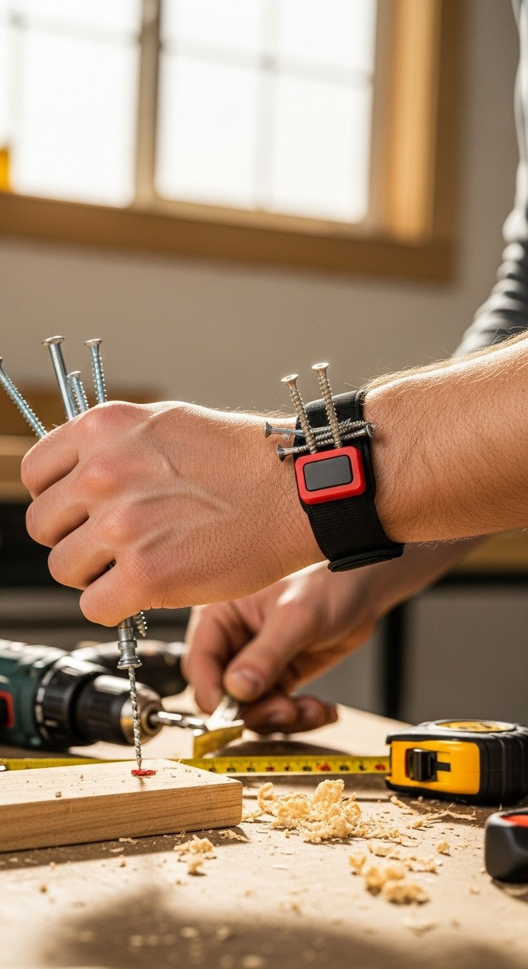 Close-up of a magnetic tool wristband on a man's arm, holding screws and nails securely for a DIY home improvement project.