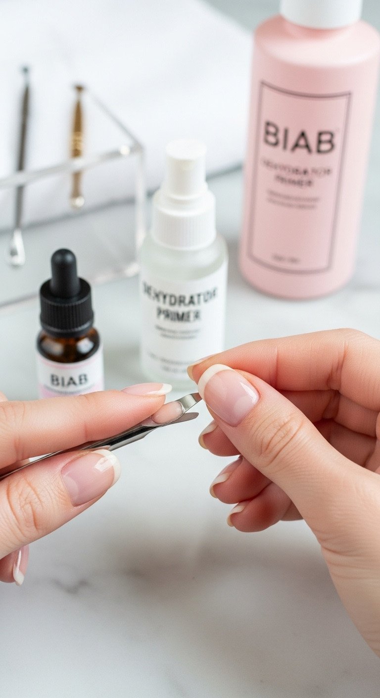 Close-up of a meticulously prepped natural nail and pushed-back cuticle on a marble counter with BIAB and dehydrator. Clean, professional nail care.