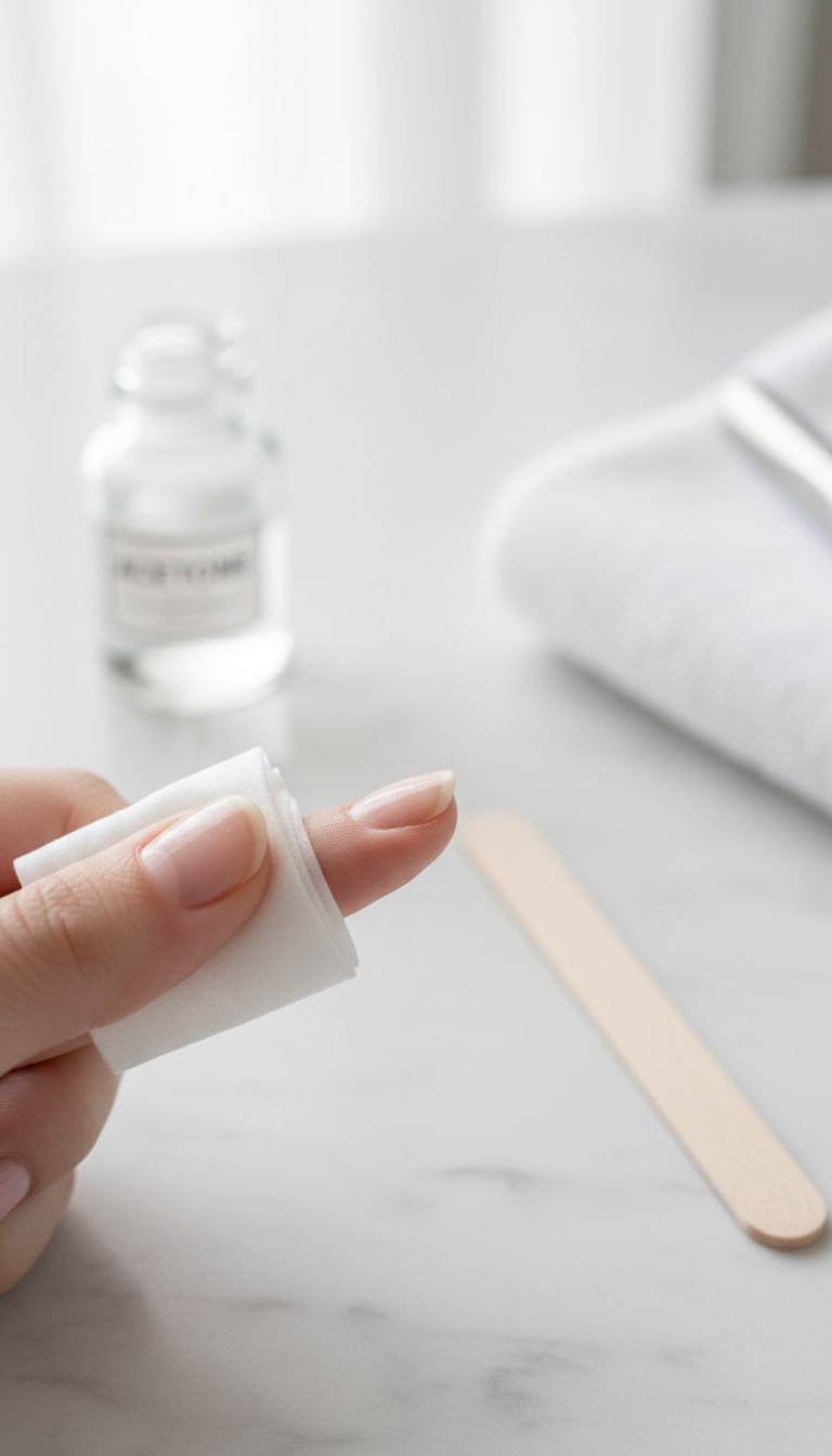 Close-up of a natural fingernail being gently wiped with an alcohol wipe on a marble countertop, pristine and ready for base coat application.