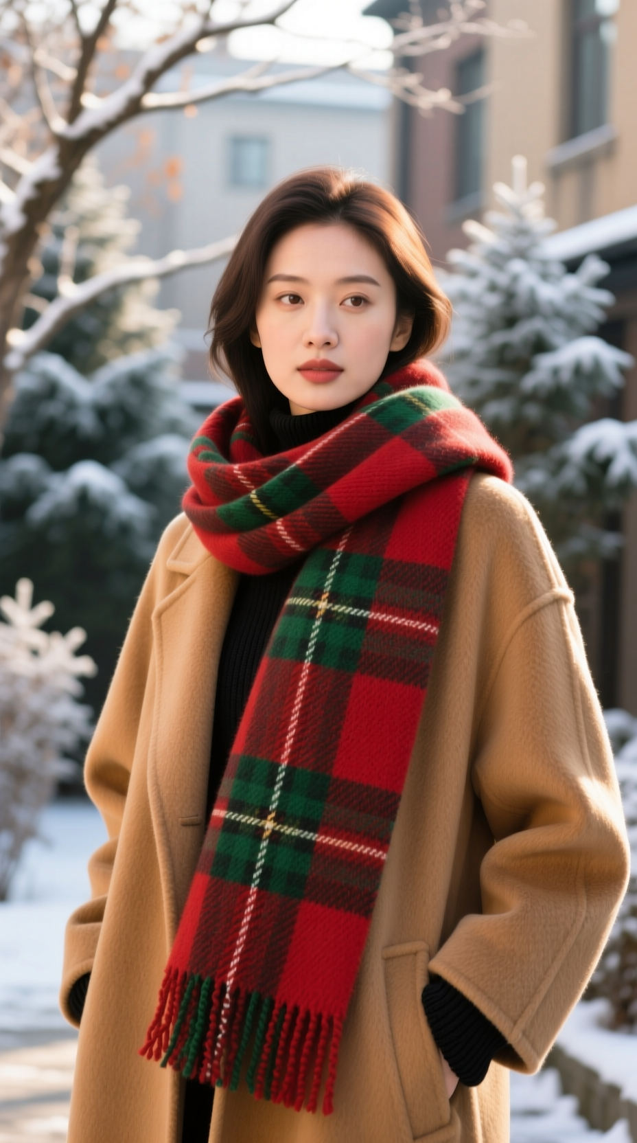 Close-up of a red and green tartan plaid wool scarf draped over the collar of a classic camel wool coat.