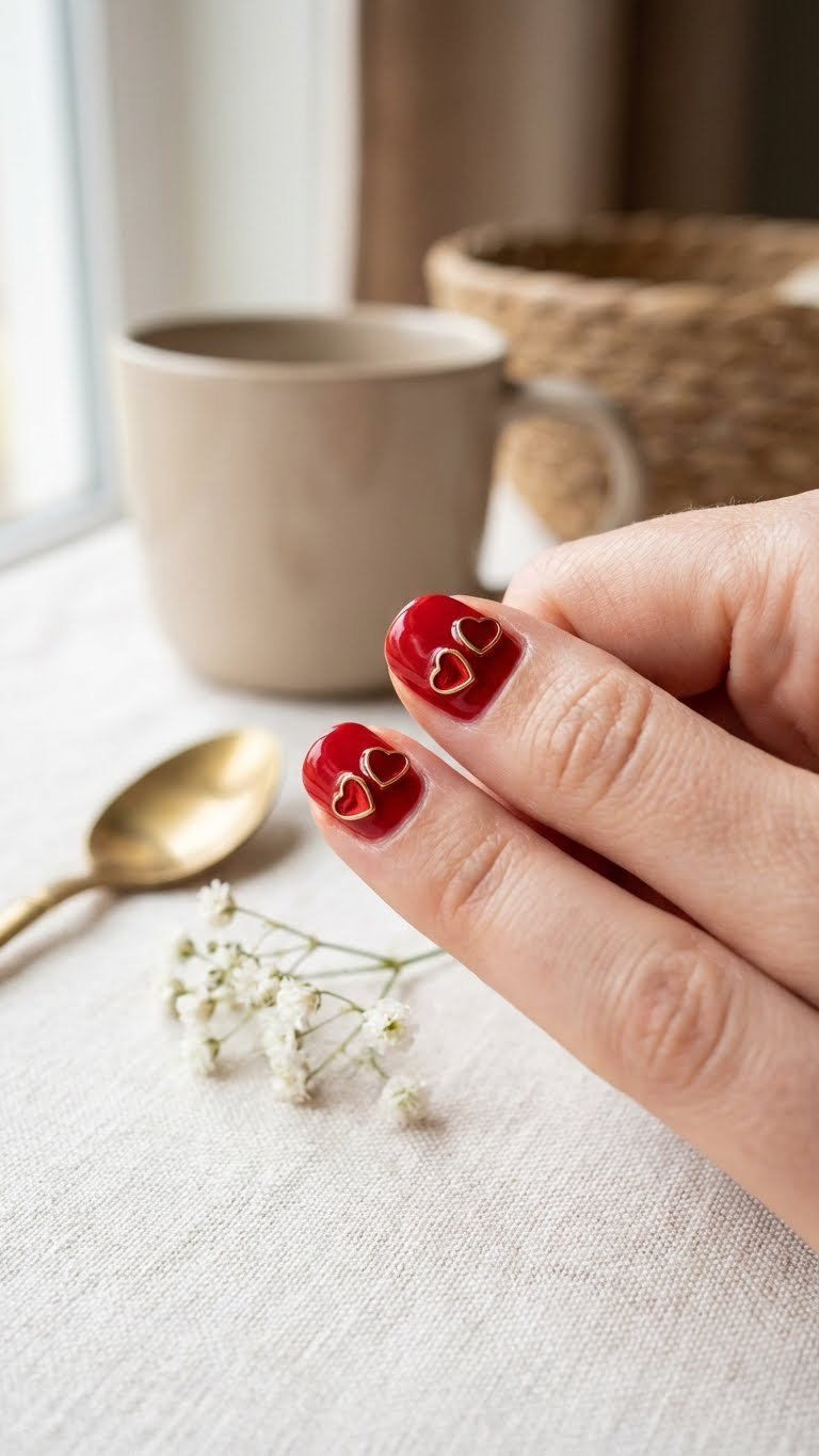 Close-up of a short red manicure with small metallic red heart nail charms and gold borders, on linen with blurred beige background, subtle flowers.