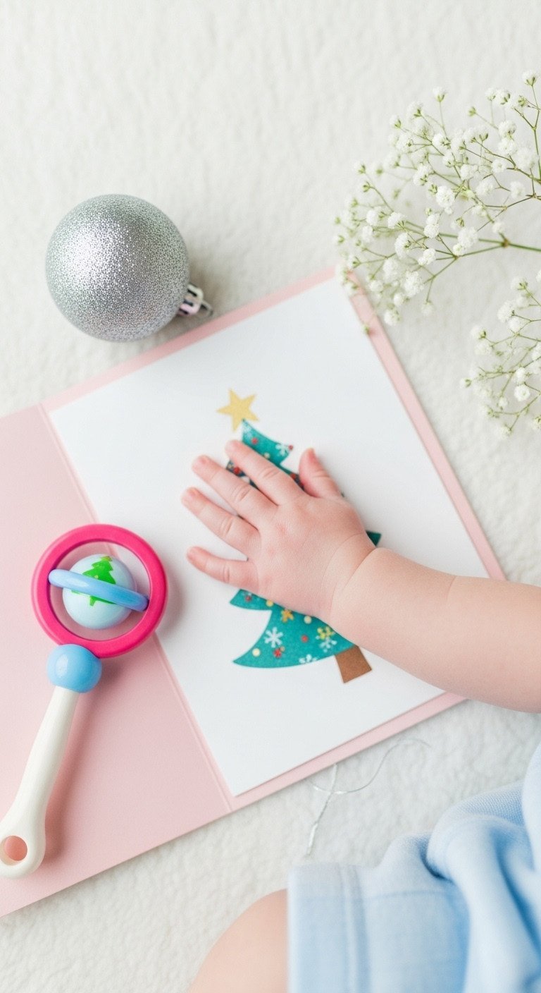 Close-up of a tiny baby's hand on an open Christmas card on a soft white blanket for baby's first Christmas.