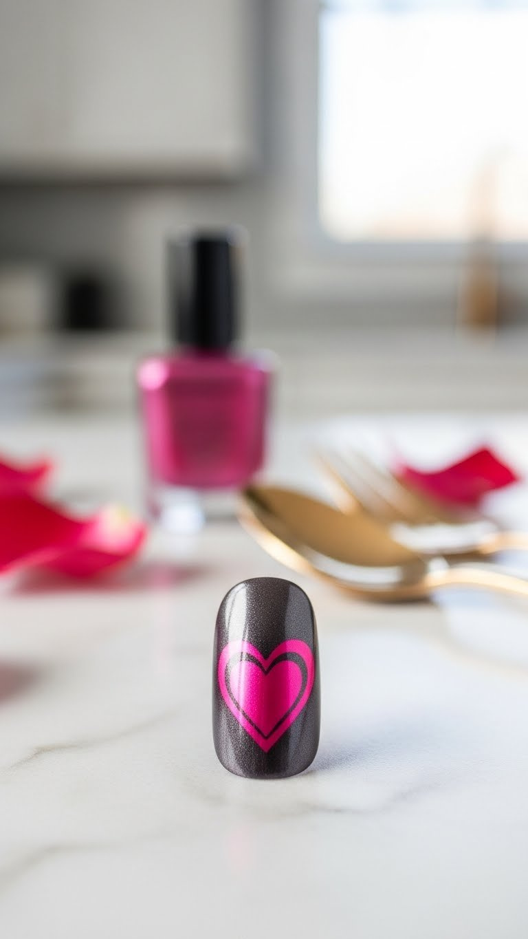 Close-up of a vibrant pink magnetic Valentine nail with a luminous heart shape on a dark base, styled on marble with rose petals.