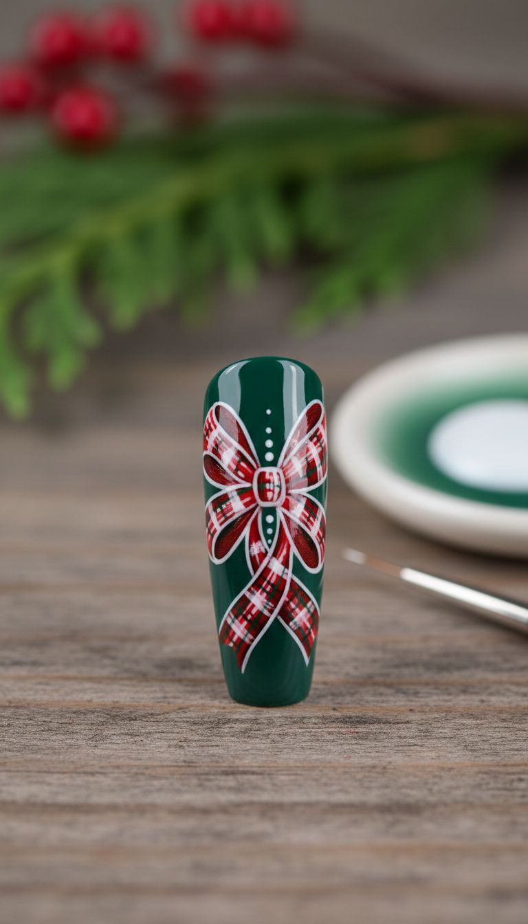 Close-up of an intricately painted red and white plaid ribbon bow on a deep forest green nail, festive and precise.