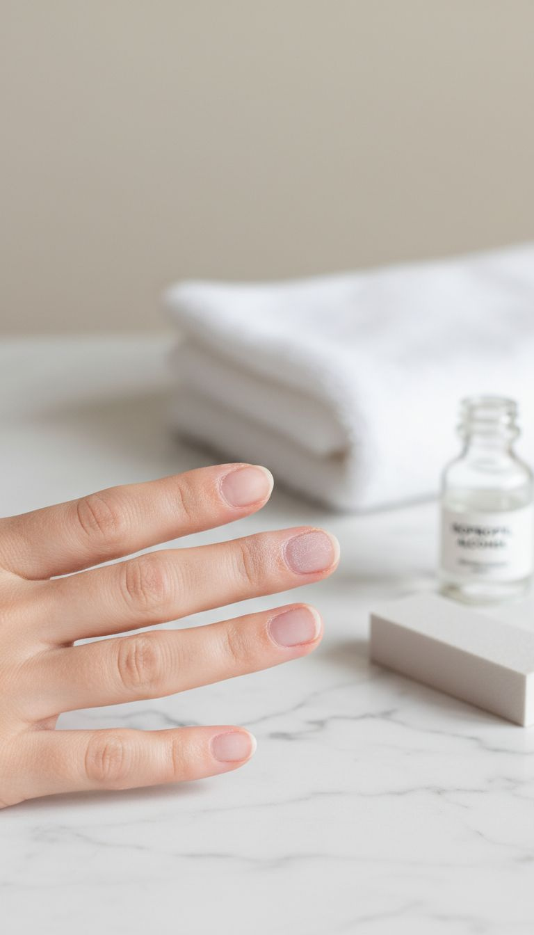 Close-up of clean, prepped natural nails on a marble counter with dehydrator and buffer, ready for gel polish application.