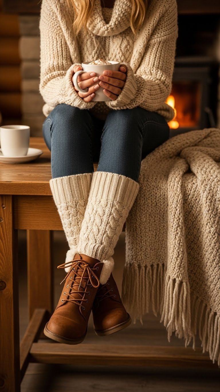 Close-up of cozy winter fashion: layered chunky knitwear, thick socks, brown boots, holding a warm cocoa mug, rustic setting.
