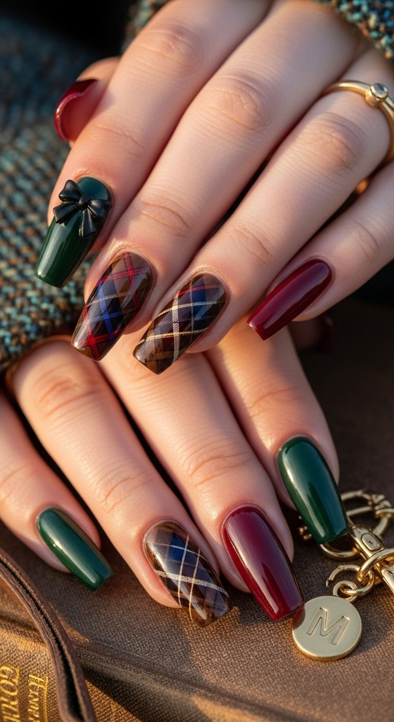 Close-up of dark academia nails: deep burgundy and forest green with a tartan accent, black matte bow, and gold charm.
