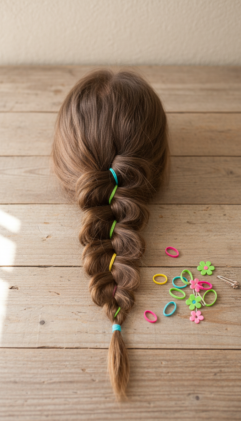 Close-up of effortless pull-through braids on a child, highlighting chain-link texture and colorful elastic bands. Hair accessories nearby.