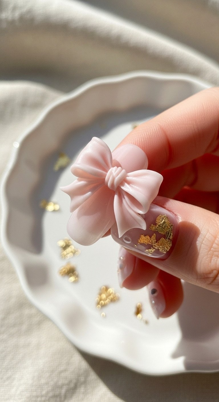 Close-up of elegant 3D gel bow sculpted nail art on milky pink nails with realistic ribbon folds, gold flakes, and a high-gloss finish in a white dish.