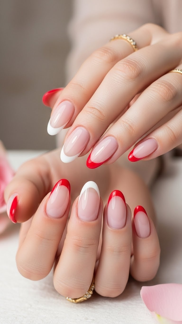 Close-up of elegant classic red and white French tip oval nails with a sheer pink base, subtle red curve, and gold ring on white linen.