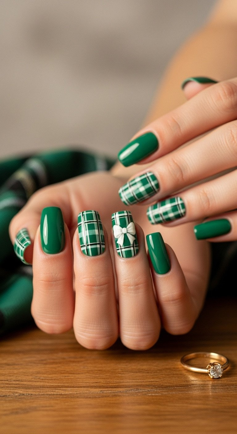 Close-up of elegant emerald green plaid accent nail with a white hand-painted bow, solid green nails, and gold ring.
