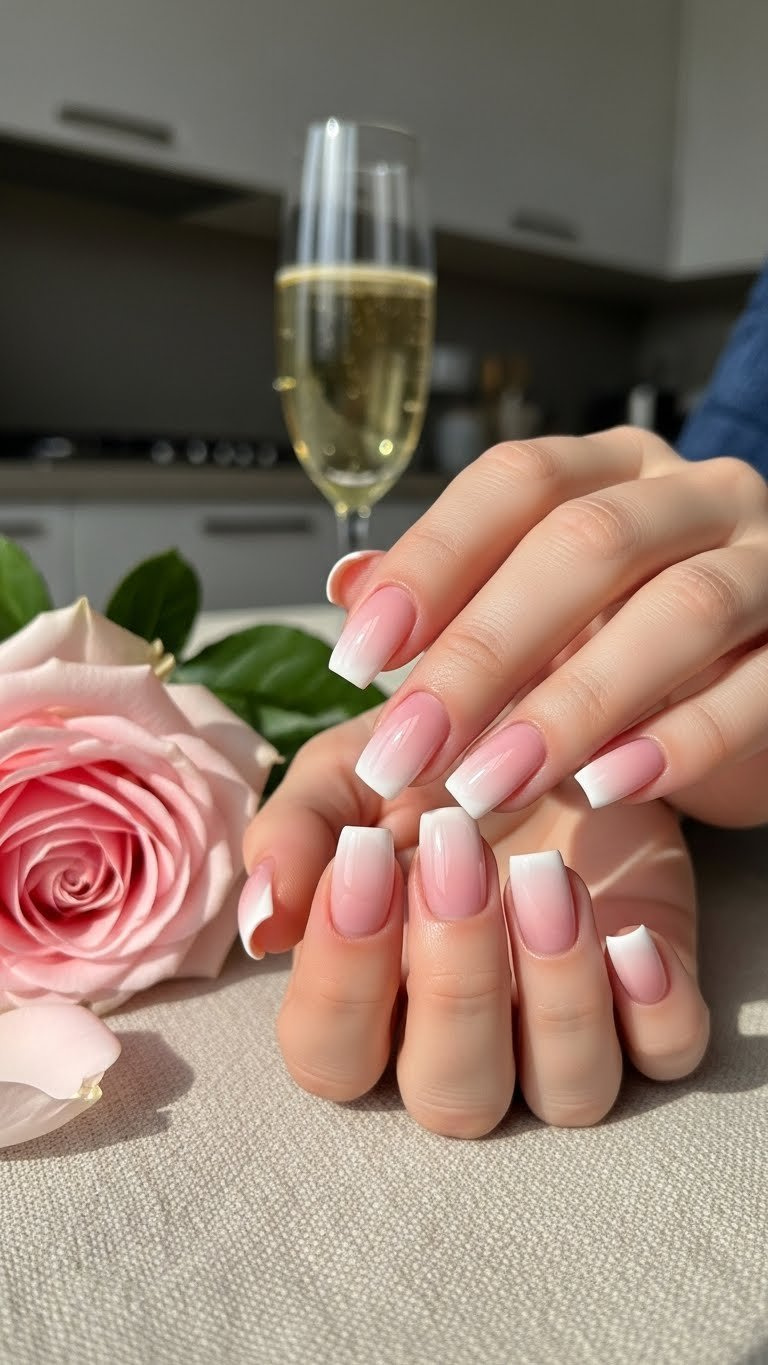 Close-up of elegant short square nails with a delicate white-to-soft-pink ombre gradient manicure, surrounded by rose petals and champagne.