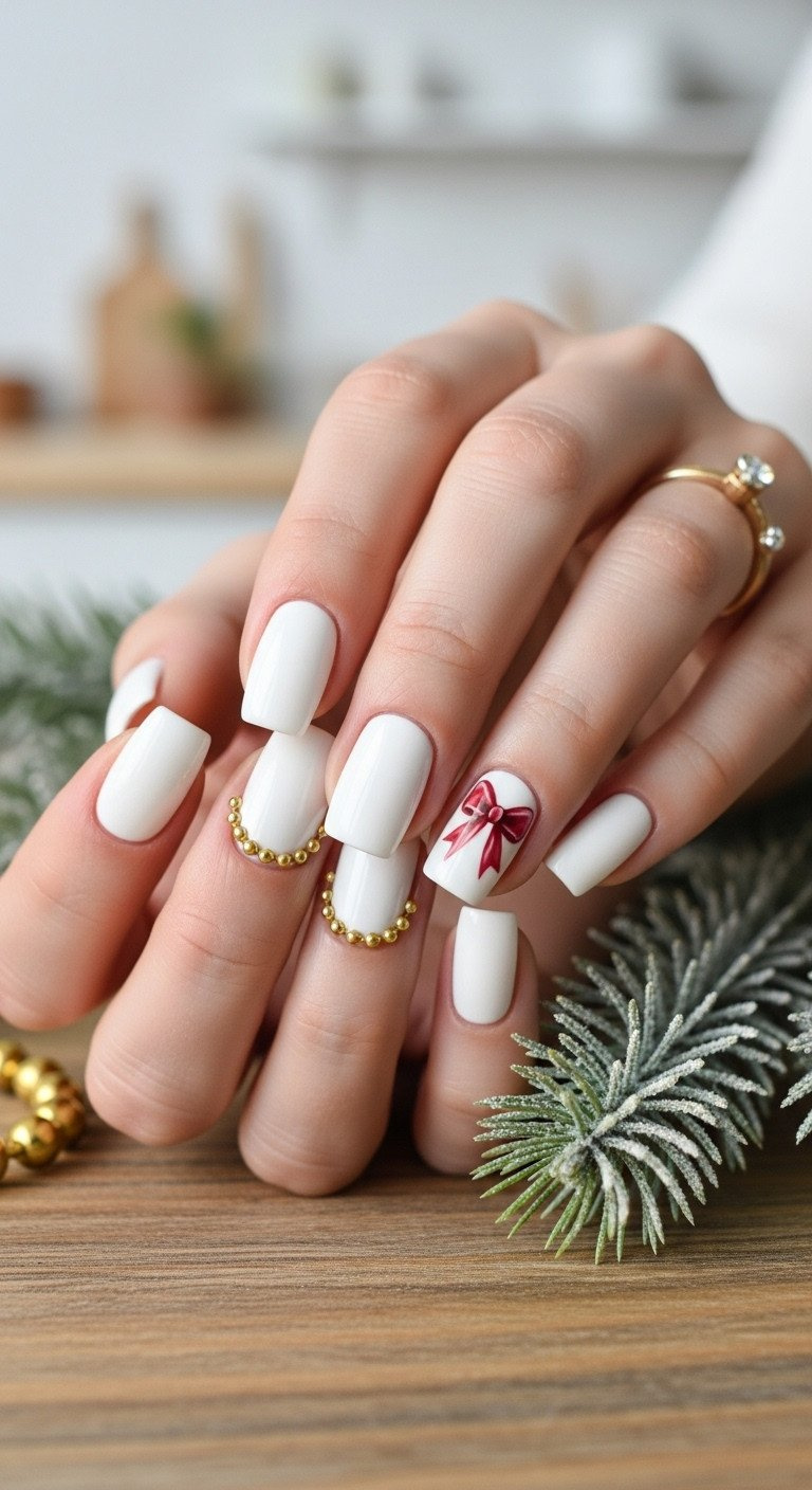 Close-up of elegant white nail art with a glossy cranberry-red satin bow, gold beads, and pine sprigs on a rustic wooden table.