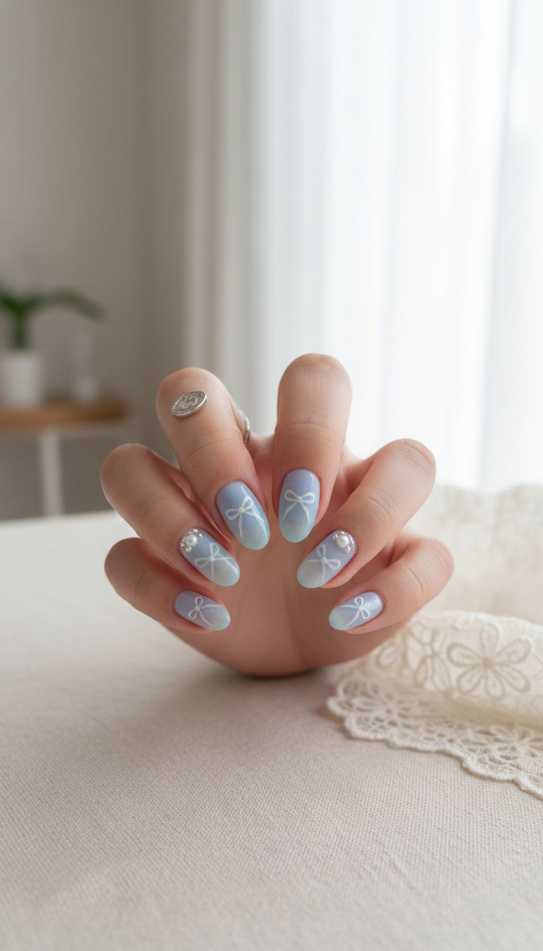 Close-up of four almond nails featuring an icy baby blue coquette design with delicate white ribbon bows and tiny pearl embellishments.