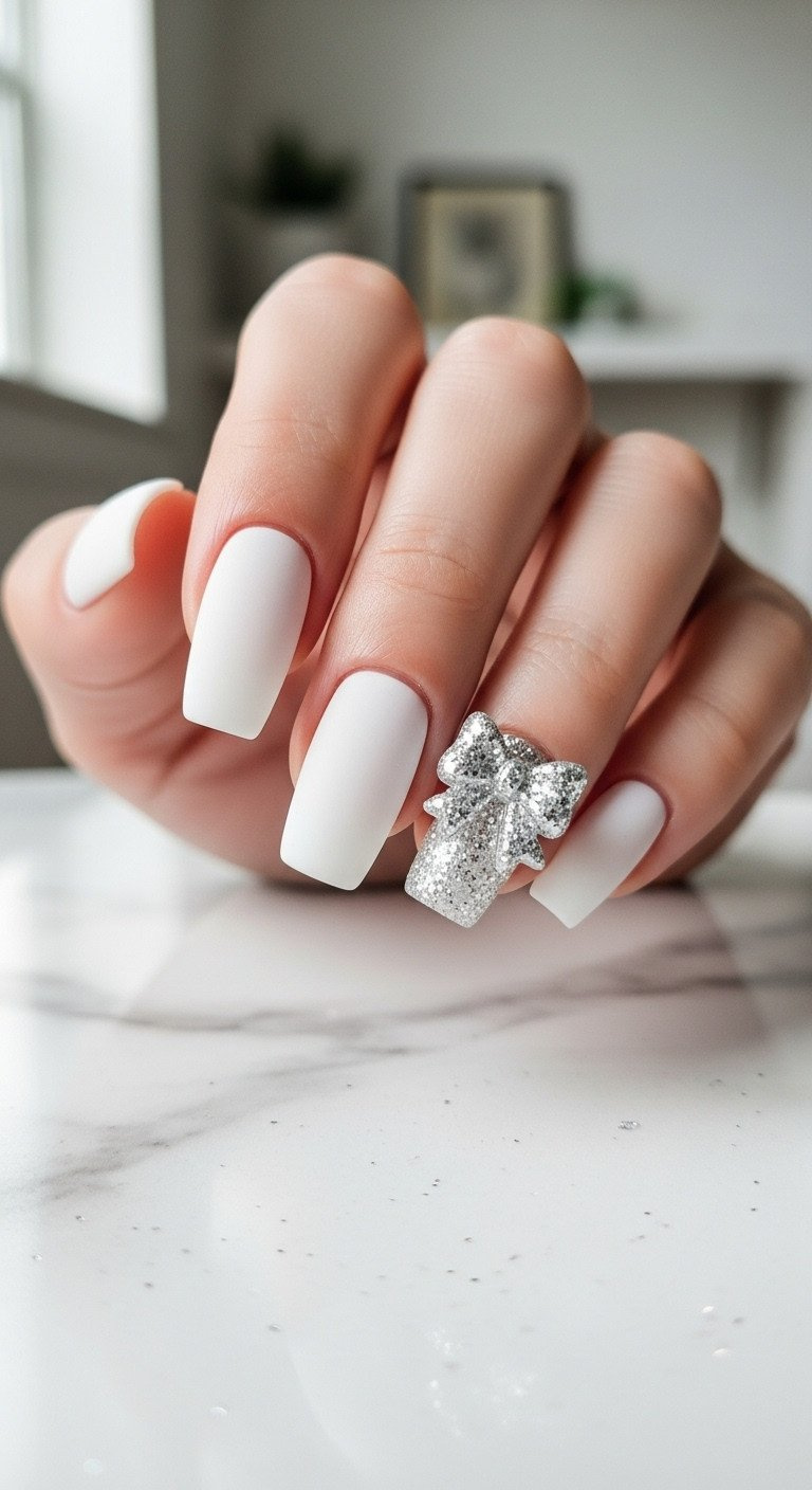 Close-up of frosted white matte nail art with a shimmering silver glitter 3D bow charm and scattered micro-pearls.