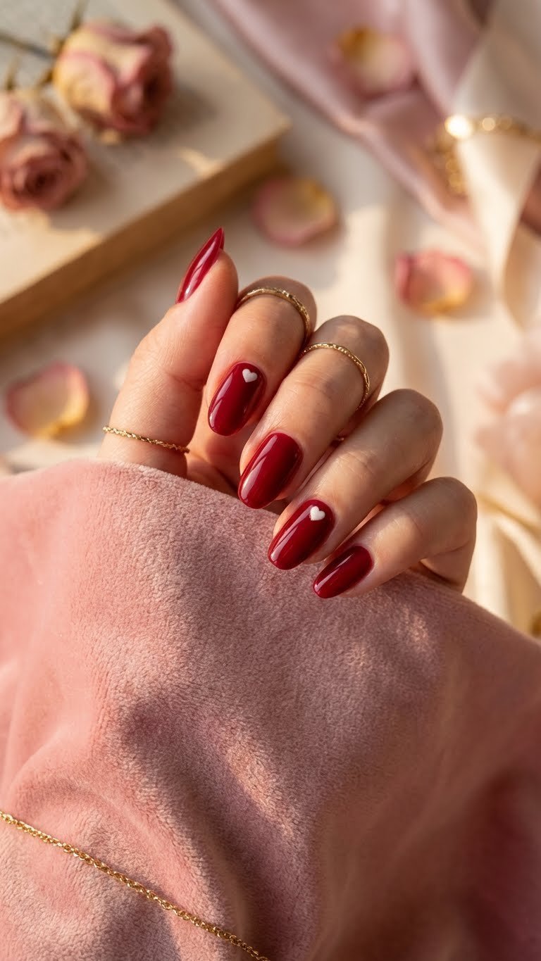 Close-up of glossy deep red gel nails with subtle white heart accents, styled on pink velvet with gold rings in warm light.