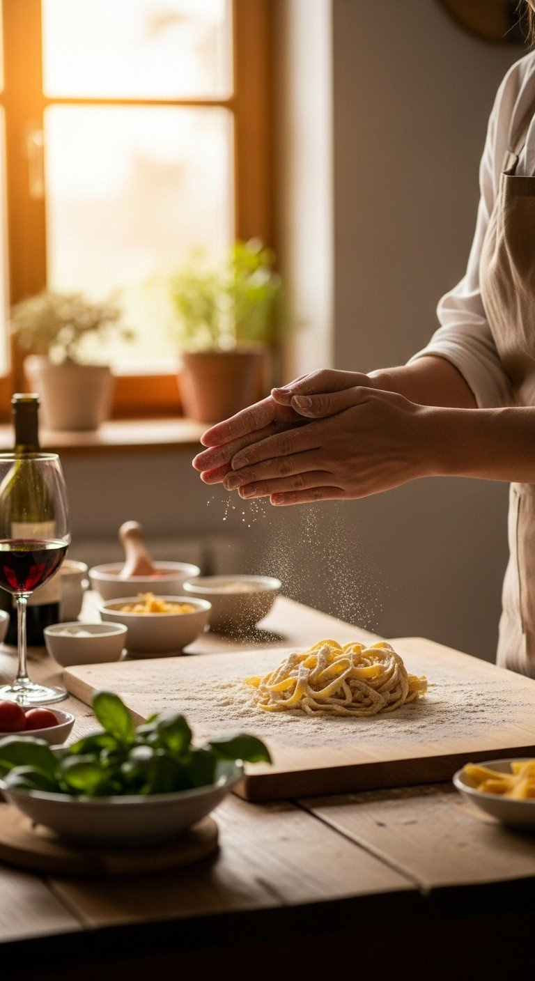 Close-up of hands dusting fresh pasta dough with flour on a wooden board during an authentic pasta-making cooking class.
