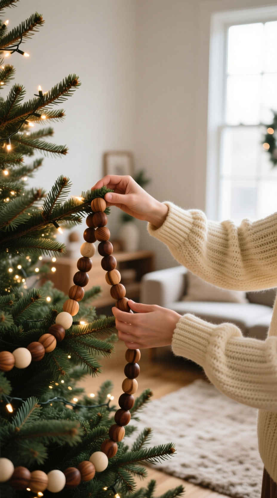 Close-up of hands in a cozy sweater draping a natural wooden bead garland on a Christmas tree with warm lights.