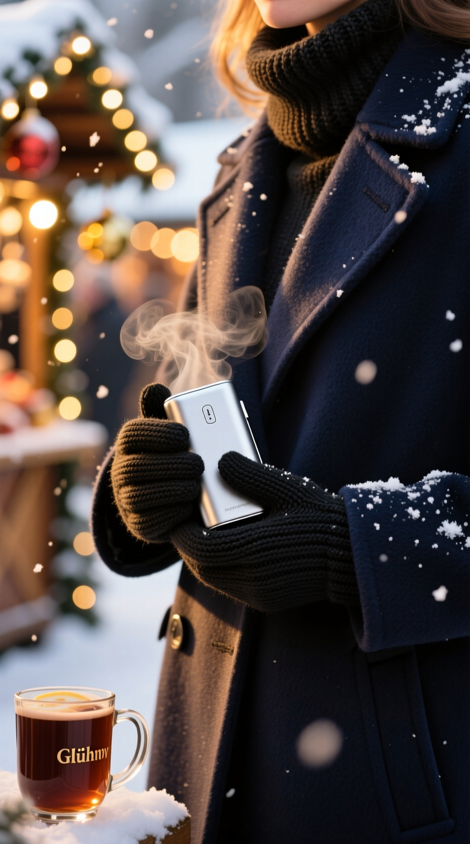 Close-up of hands in knitted gloves holding a smooth silver rechargeable hand warmer in a wool coat at a winter market.