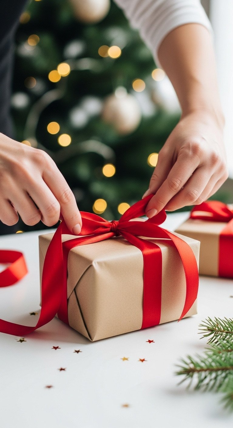 Close-up of hands tying a red silk ribbon on a Christmas gift wrapped in brown paper, with a blurry tree in back.