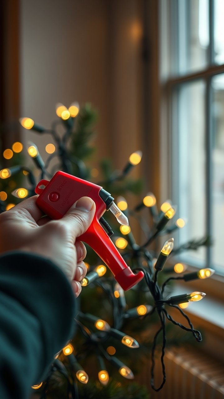 Close-up of hands using a screwdriver to replace a tiny glass fuse in the plug of a green Christmas light string.