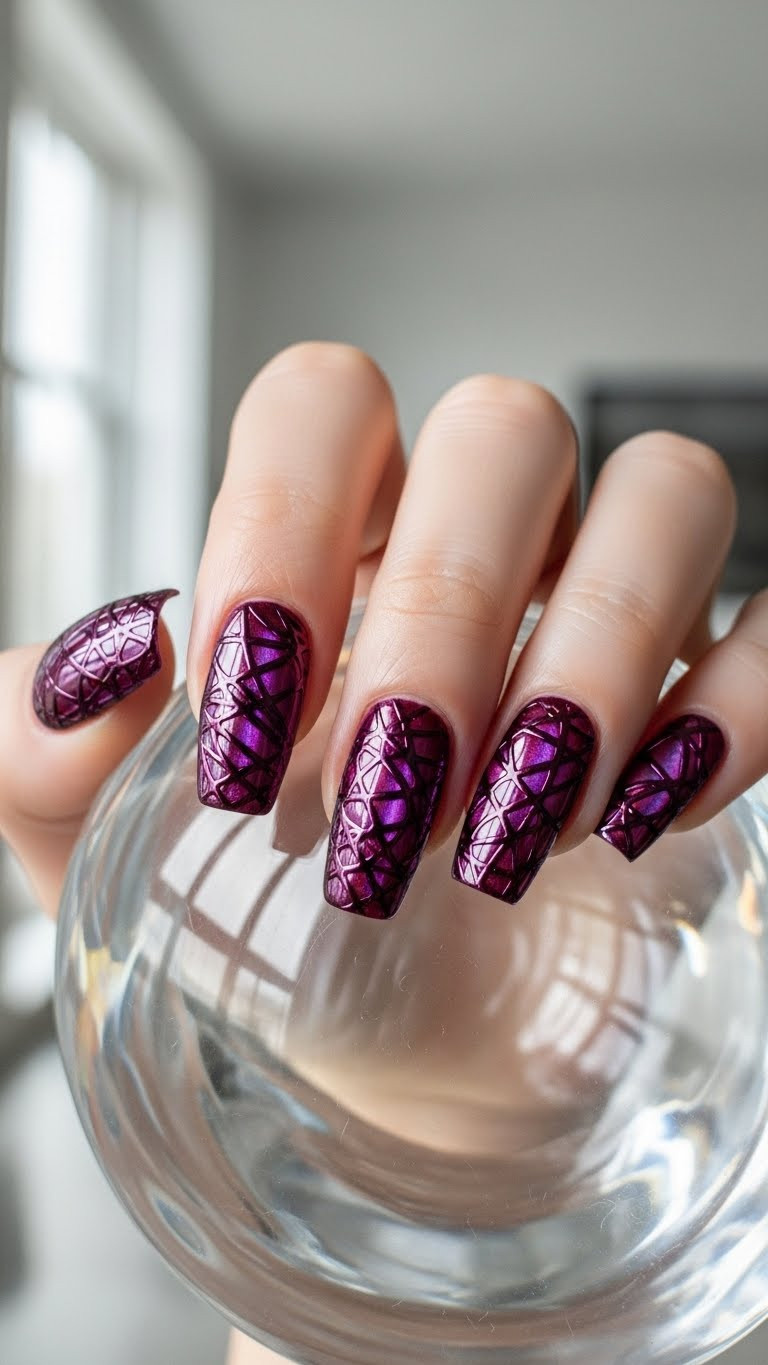 Close-up of intricate amethyst magnetic cat eye swirl nail art with interwoven lines, on glass with stylish accessories.