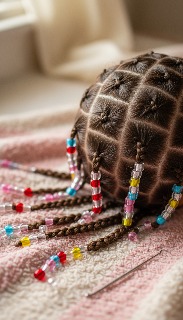 Close-up of intricate beaded heart cornrows on a child, adorned with bright clear plastic beads. Beading tools visible.