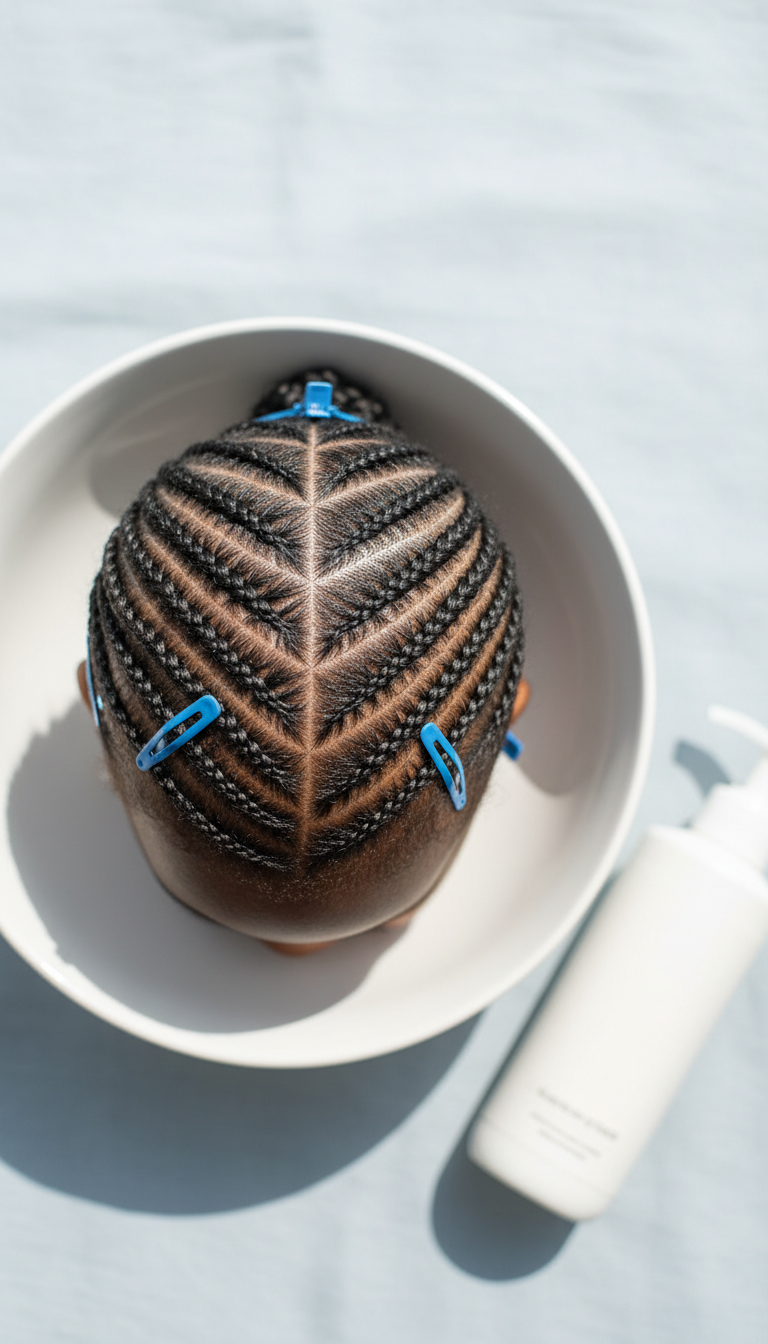 Close-up of intricate zig-zag cornrow pattern on a child, highlighting sharp angles and defined parts. Hair clips and shampoo.