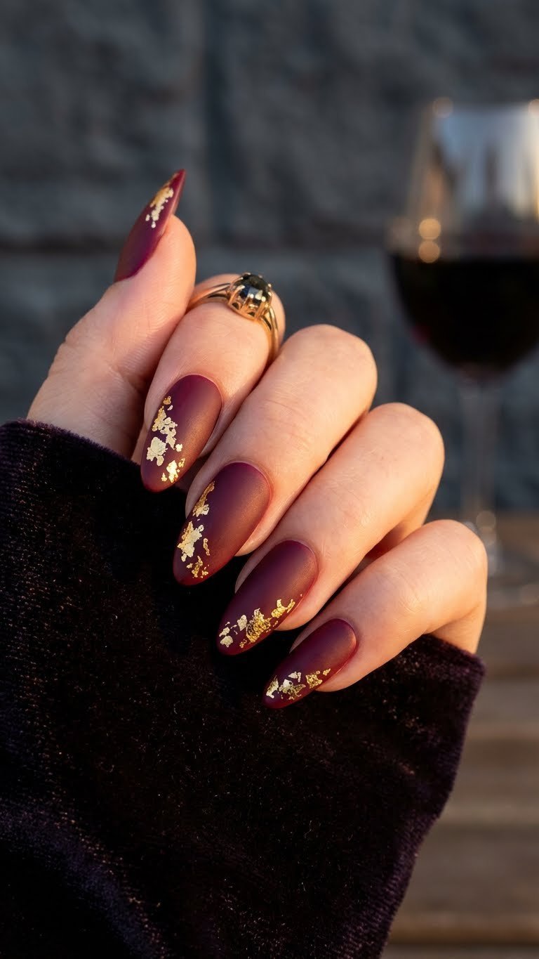 Close-up of long almond matte burgundy nails with gold foil flakes on dark velvet fabric, vintage jewelry, elegant manicure.