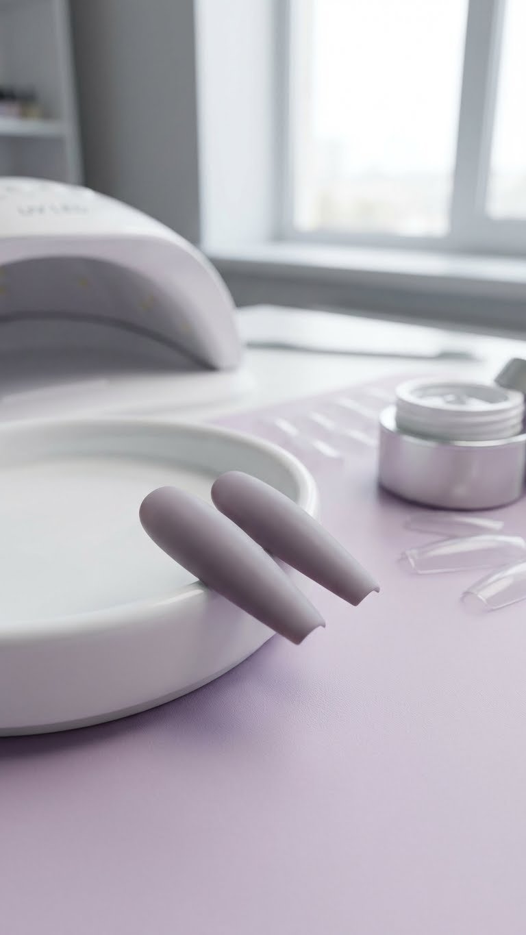 Close-up of long matte purple coffin Gel X nails on a ceramic dish with blurred UV lamp, professional nail extension.