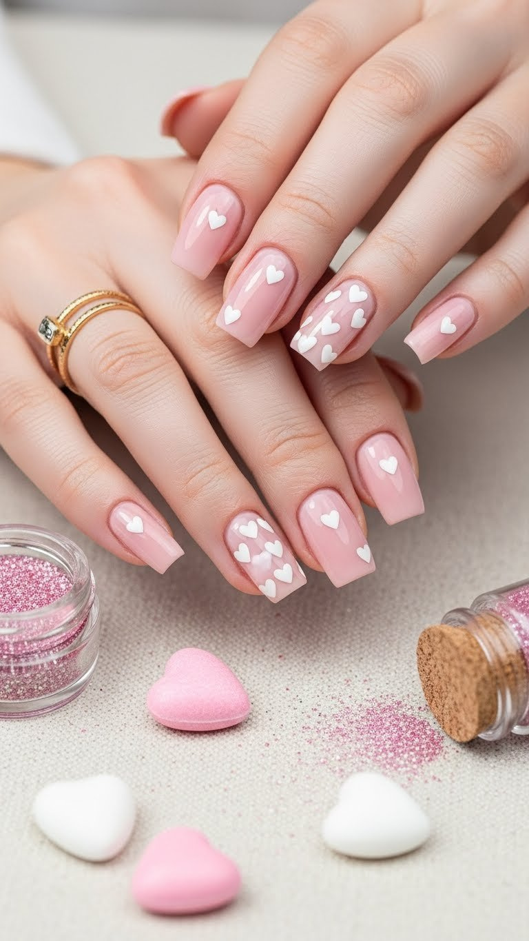 Close-up of mid-length dusty rose square nails with dainty white floating heart accents, near glitter and heart candies.