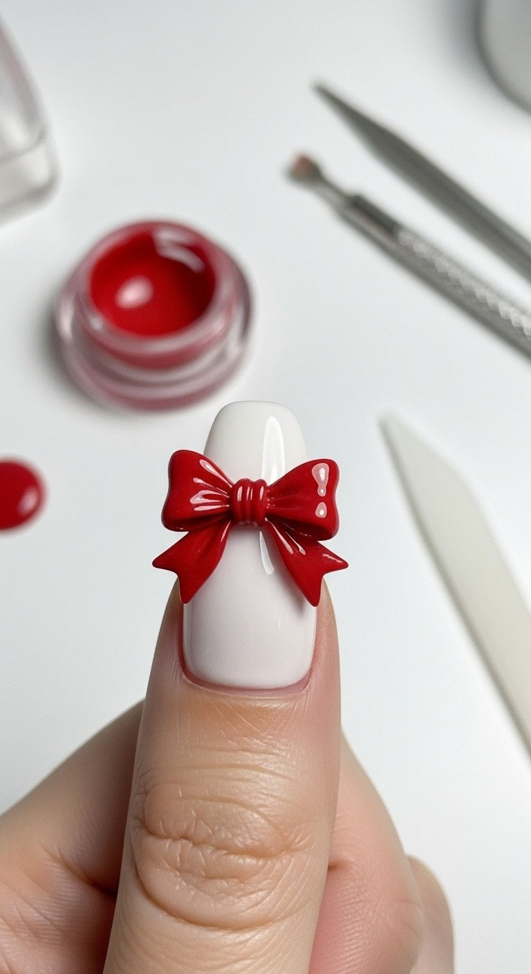 Close-up of milky white nails with a prominent 3D sculpted red gel bow, showcasing texture. Elegant nail art with tools.
